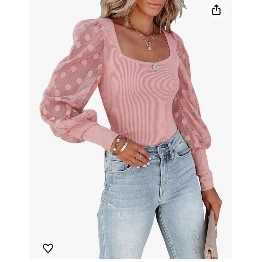 Square-Neck Pink Polka-Dot Puff Sleeve Top